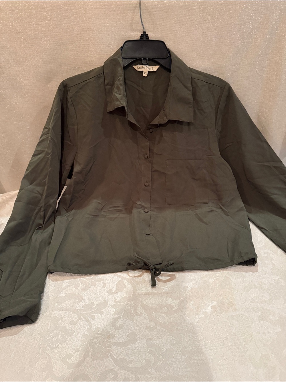 indulge Olive Green Button-Up Drawstring Blouse